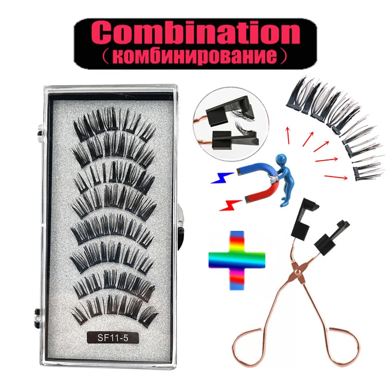 4 pairs 5 Magnets 3D Magnetic False Eyelashes Handmade Artificial Faux Cils Magnetic Natural Mink Eyelashes with Tweezers