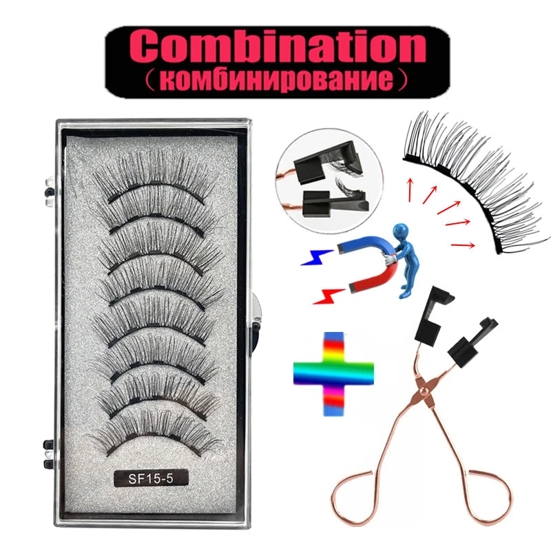 4 pairs 5 Magnets 3D Magnetic False Eyelashes Handmade Artificial Faux Cils Magnetic Natural Mink Eyelashes with Tweezers