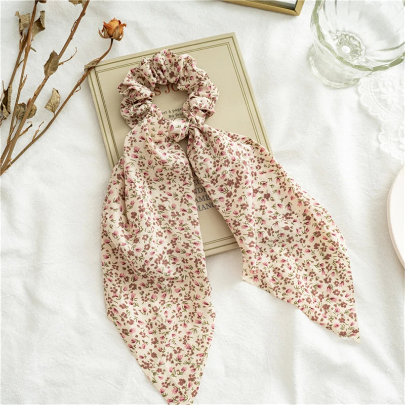 New Fashion Print Bow Scrunchies Hair Ribbon For Women Elastic Hair Band Girls Horsetail Hair Ties Hair Accessories