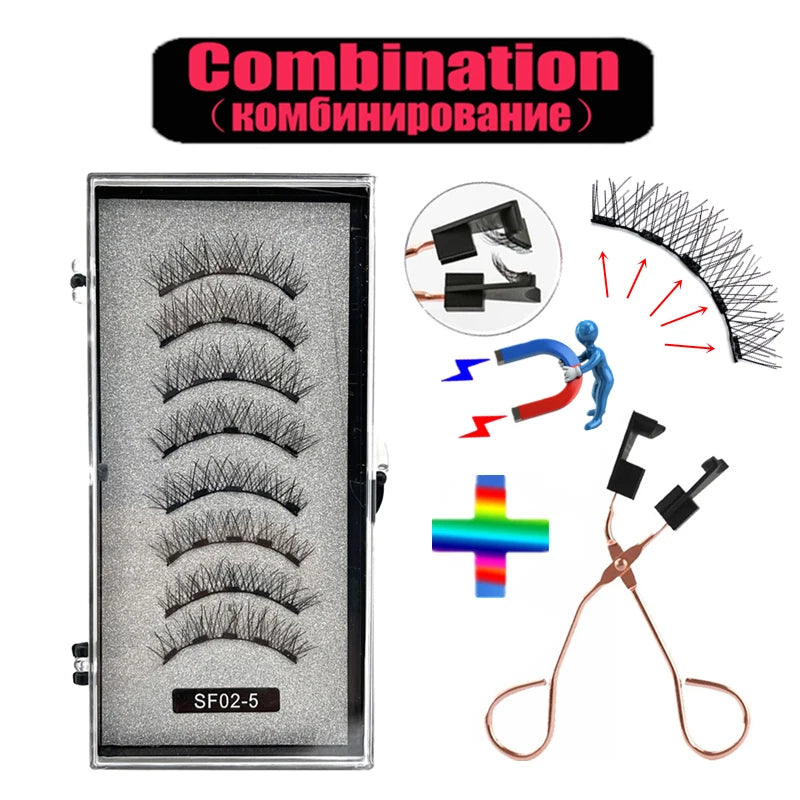 4 pairs 5 Magnets 3D Magnetic False Eyelashes Handmade Artificial Faux Cils Magnetic Natural Mink Eyelashes with Tweezers