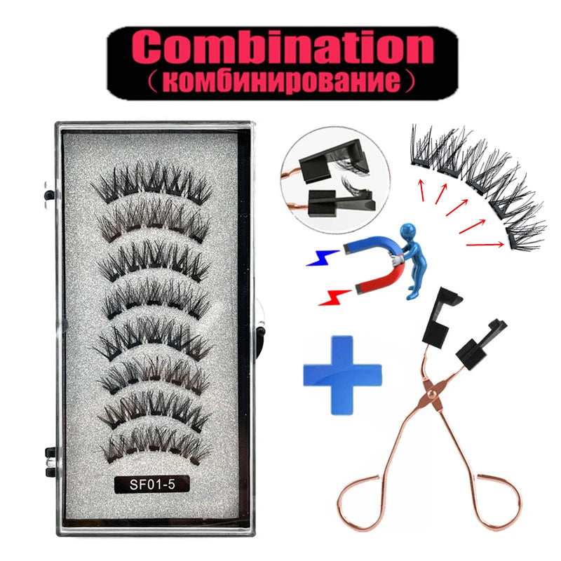 4 pairs 5 Magnets 3D Magnetic False Eyelashes Handmade Artificial Faux Cils Magnetic Natural Mink Eyelashes with Tweezers