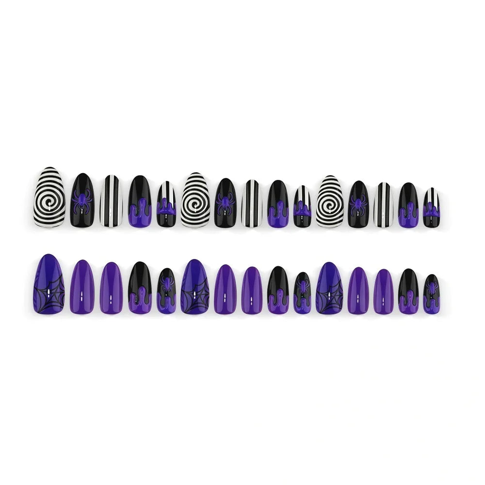 30pcs Gothic Purple Almond Press On Nails for Halloween Spider Wed Pattern Decor Fake nail tips Wearing Spicy Girls False Nails
