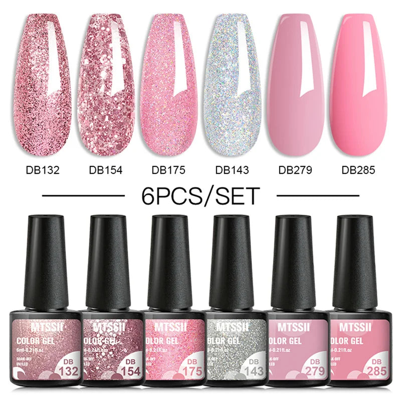 Mtssii 6PCS/Set Sparkly Nude Pink Gel Nail Polish Glitter Semi Permanent Nail Art LED UV Soak Off Gel Varnish Nail Supplies