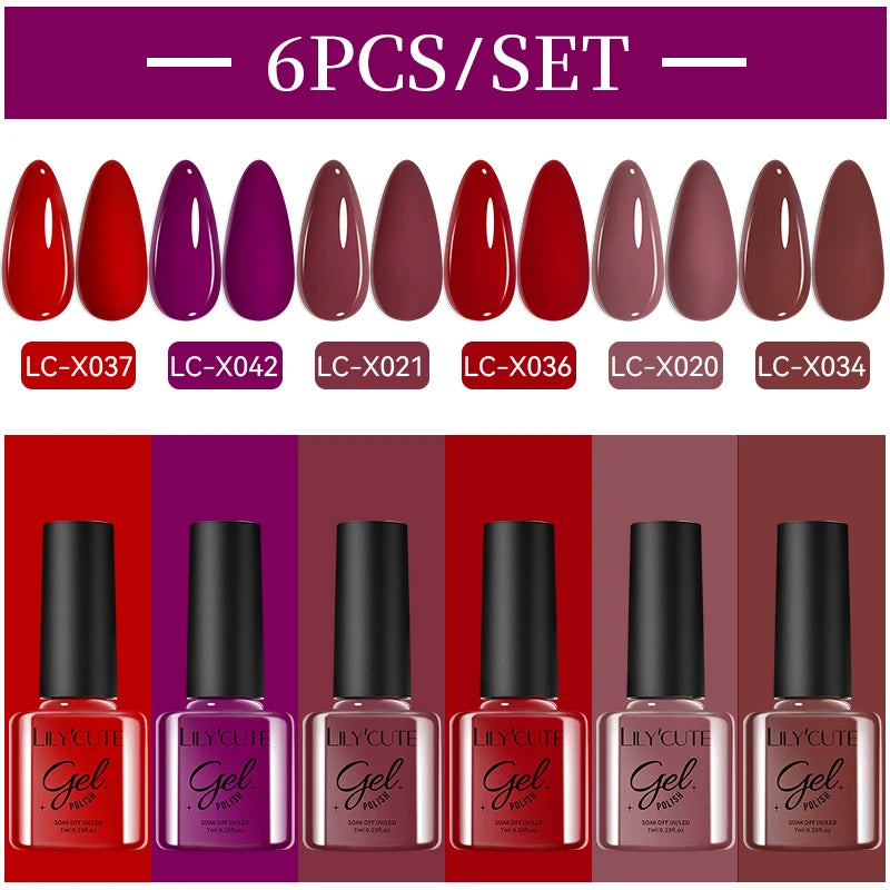 LILYCUE 6Pcs/Set Red Nude Glitter Gel Nail Polish Gorgeous Full Coverage Soak Off UV Gel Nail Art Base Top Coat Gel Polish Kits