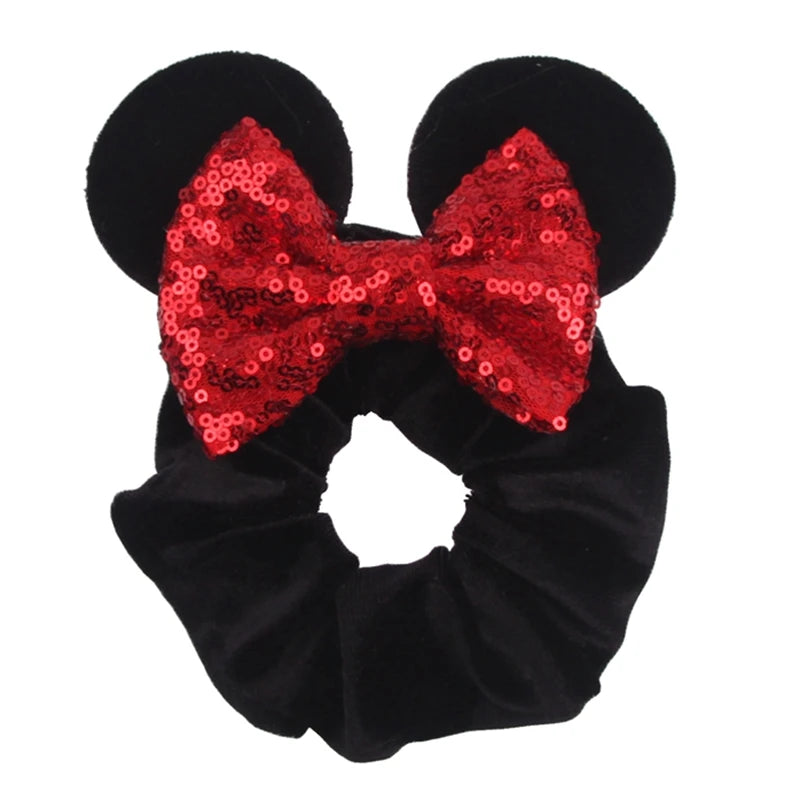 Disney Mouse Ears Velvet Scrunchies Hairband Women Elastic Ponytail Holder Girls Sequin Bow 2023 Kids Party DIY Hair Accessories