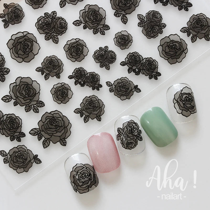 Rose Flower Nail Stickers White Black Silk Ribbon Nail Decal Slider for DIY Nail Decoration 3D Aha Series Manicure Accessories