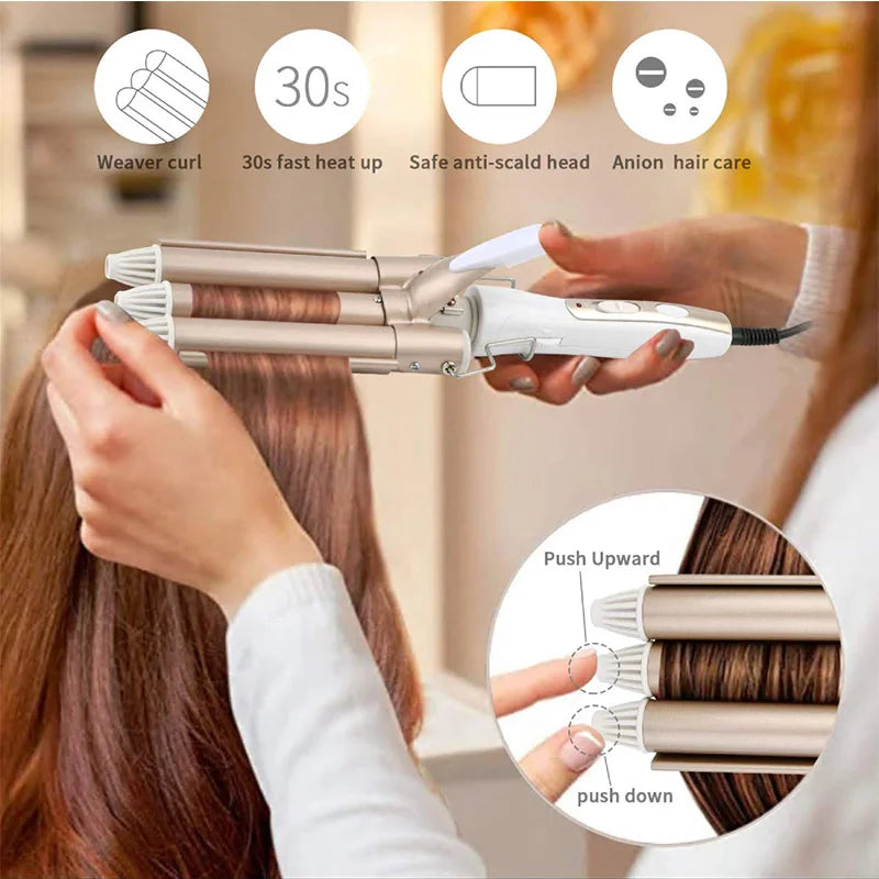 Professional Triple Barrel Hair Curling Iron Big Waver Styling Ceramic Coating PTC Fast Heating Hair Crimping Curler Tongs