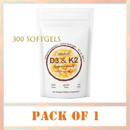Vitamin D3 K2 10000 IU 300 Coconut Oil Softgels, 2 in 1 Vitamins Supplement D & K (MK7) Supports Calcium Absorption, Bone Health