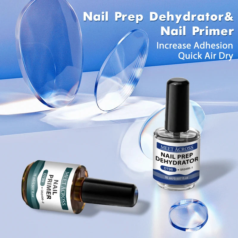 MEET ACROSS 15ml Glass Bottle Nail Primer Nail Prep Dehydrator Nail Polish Long Lasting Air Dry Semi Permanent Nail Art Varnish