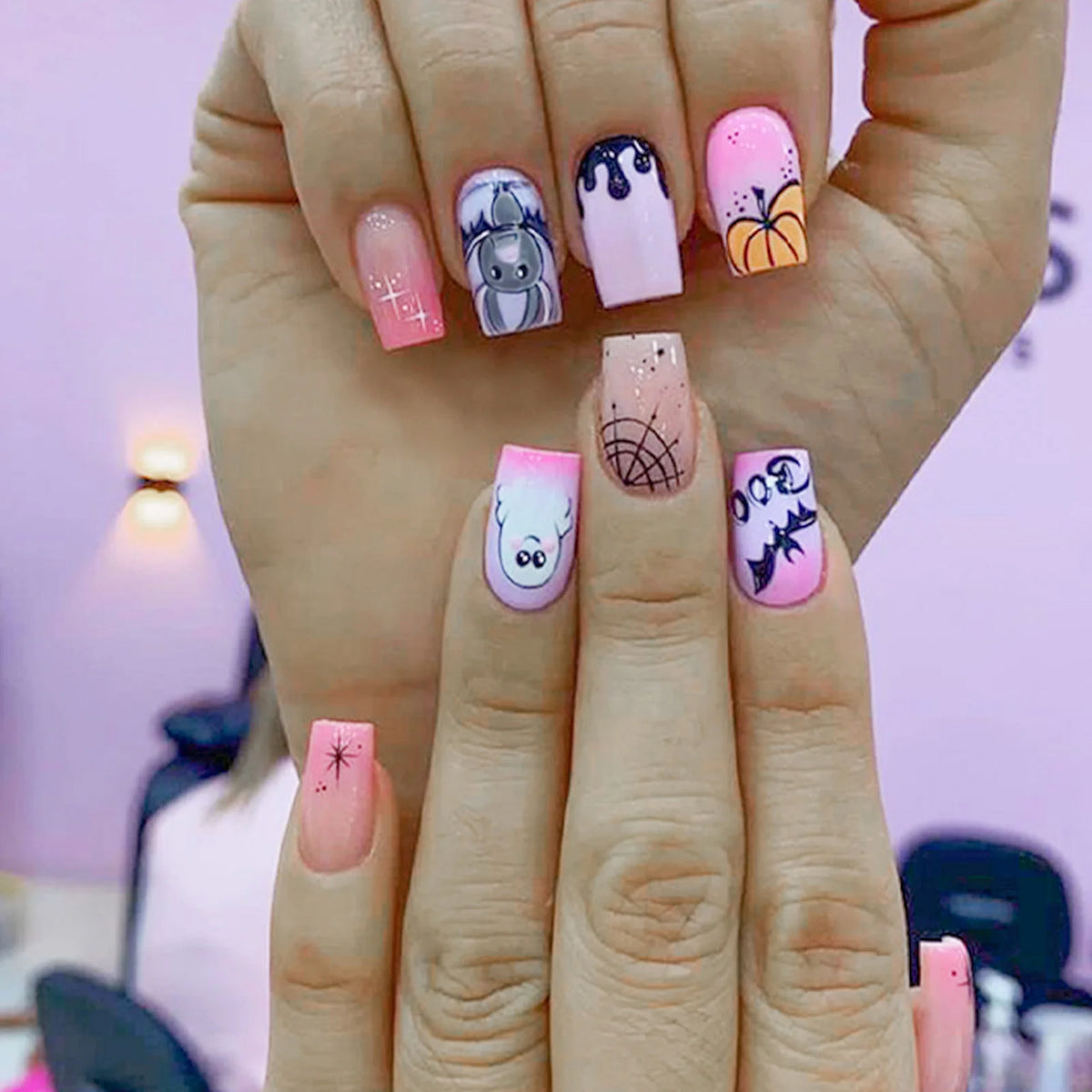 24pcs Halloween Cute Cartoon French Fake Nails Nude Pink Square Press On Nails With Pumpkin Ghost Designs Professional Nail Art