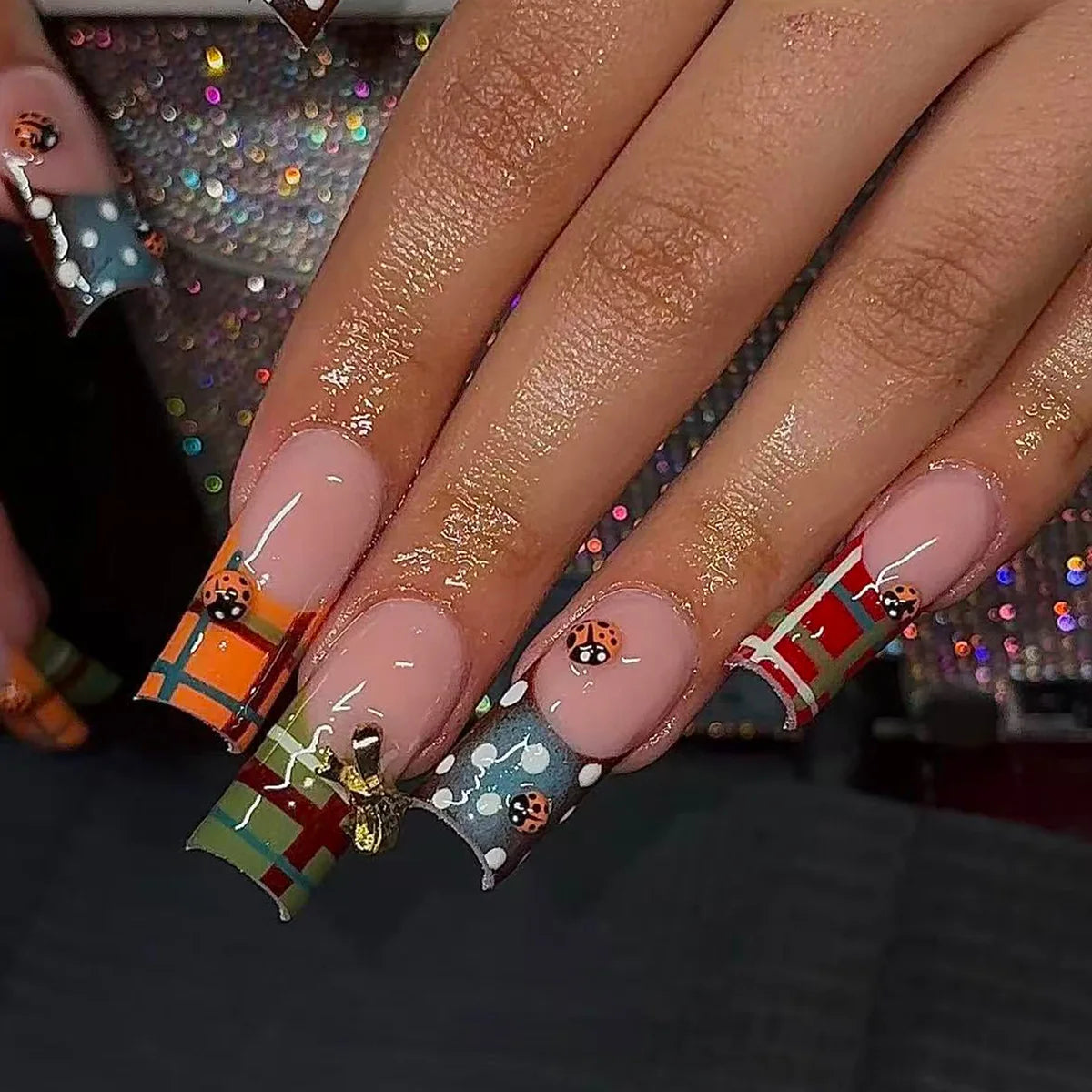 24pcs Y2K Sweet Stars Press On Nails Blue Brown Stripes French Style False Nails Wave Point Designs Autumn Vintage Fake Nail