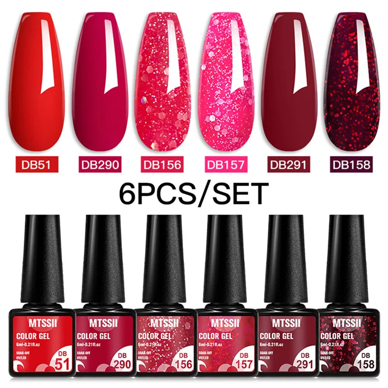 Mtssii 6PCS/Set Sparkly Nude Pink Gel Nail Polish Glitter Semi Permanent Nail Art LED UV Soak Off Gel Varnish Nail Supplies