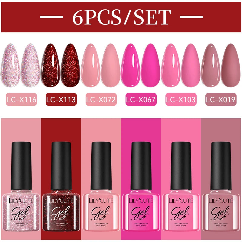 LILYCUE 6Pcs/Set Red Nude Glitter Gel Nail Polish Gorgeous Full Coverage Soak Off UV Gel Nail Art Base Top Coat Gel Polish Kits