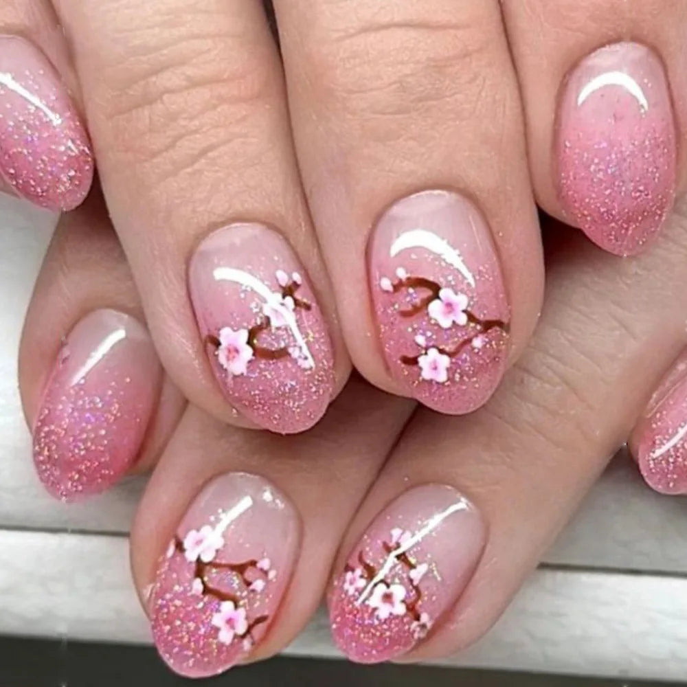 24pcs Short Square Press on Nails Jade Flower Sparkling Powder Designs Fake Nails with Glue Green Gradient Full Cover Nail Tips
