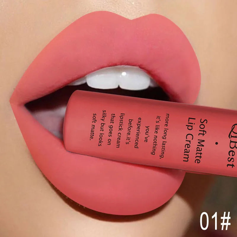 QIBEST Matte Liquid Lipstick Waterproof Lasting Velvet Lip Gloss Tint Tube Nude Pigment Red Black Purple Orange Lipsticks Makeup
