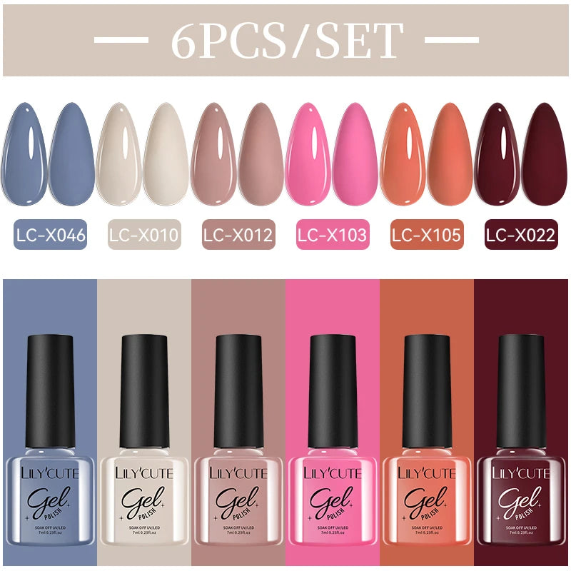 LILYCUE 6Pcs/Set Red Nude Glitter Gel Nail Polish Gorgeous Full Coverage Soak Off UV Gel Nail Art Base Top Coat Gel Polish Kits