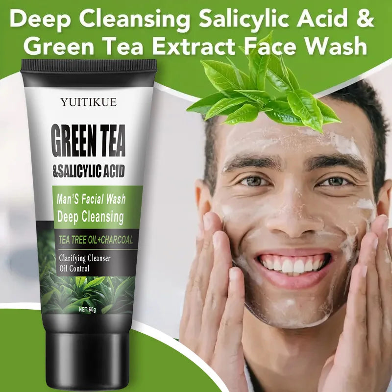 Men's Facial Wash 60g - Green Tea & Salicylic Acid, Deep Cleansing & Oil Control, with Tea Tree Oil & Charcoal, for Oily Skin