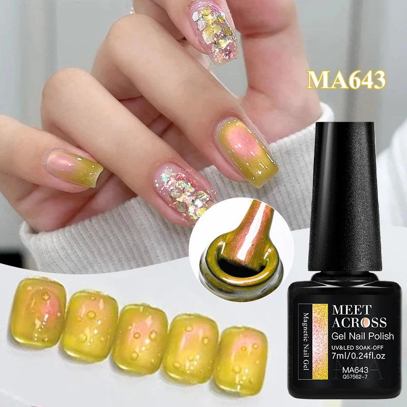 MEET ACROSS Guava & Grape Color Cat Magnetic Gel Green Glass Bead Cat Eye Gel Soak Off UV Gel Nail Art Varnish Salon Home DIY