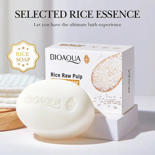 BIOAQUA White Rice Raw Pulp Facial Soap Face Wash Foam Solid Facial Cleanser Moisturizing Whitening Body Bathing Handmade Soap