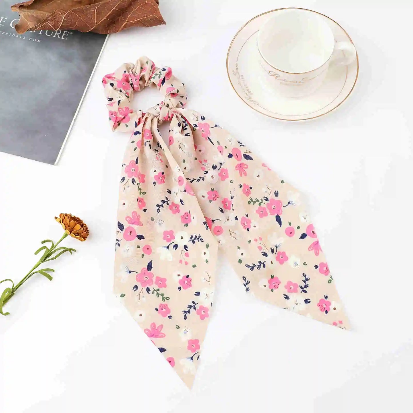 2023 Fashion Print Chiffon Long Ribbon Scrunchies Women Girls Ponytail Scarf Elastic Hair Bands Ties Hair Accessories Wholesale