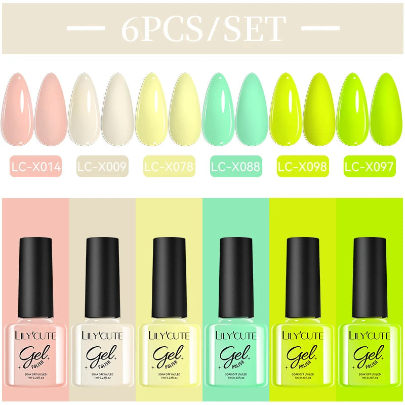 LILYCUE 6Pcs/Set Red Nude Glitter Gel Nail Polish Gorgeous Full Coverage Soak Off UV Gel Nail Art Base Top Coat Gel Polish Kits