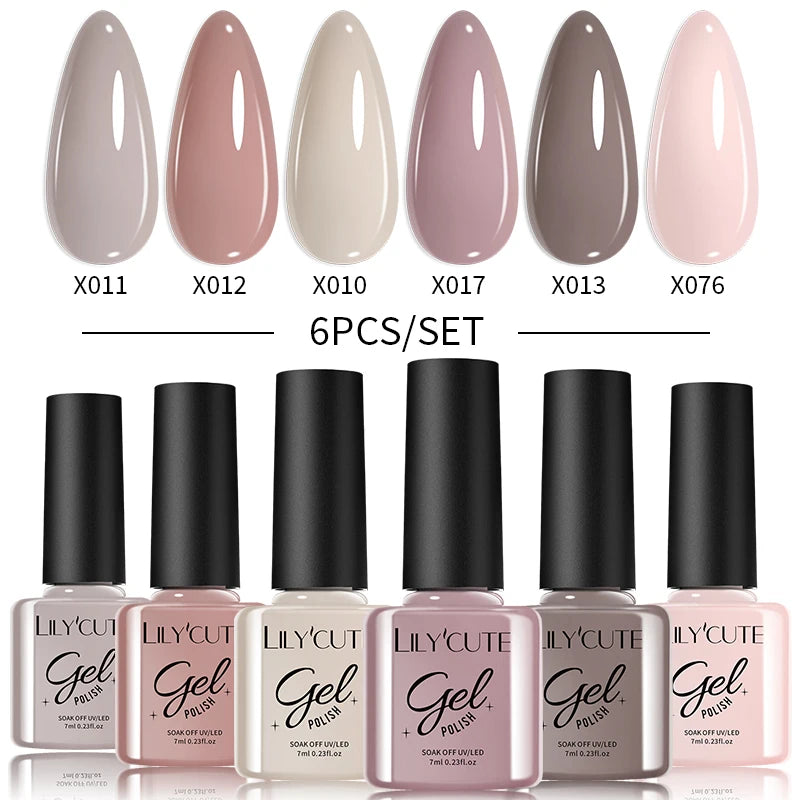 LILYCUE 6Pcs/Set Red Nude Glitter Gel Nail Polish Gorgeous Full Coverage Soak Off UV Gel Nail Art Base Top Coat Gel Polish Kits