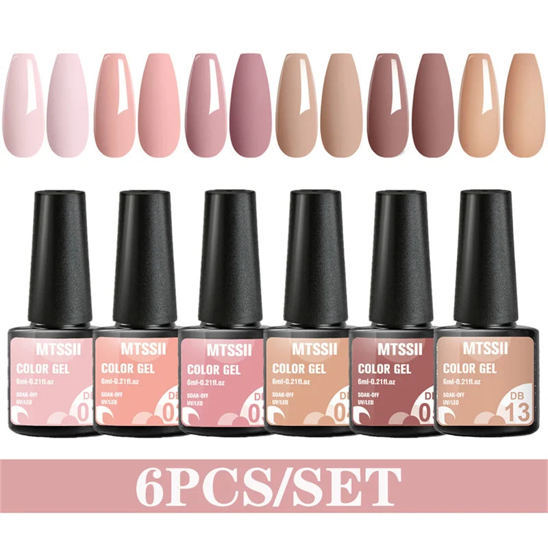 Mtssii 6PCS/Set Sparkly Nude Pink Gel Nail Polish Glitter Semi Permanent Nail Art LED UV Soak Off Gel Varnish Nail Supplies