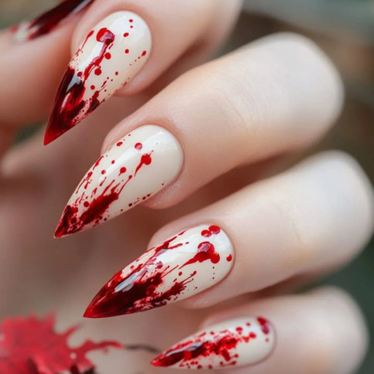 24pcs Halloween Blood French Fake Nail Tips Sweet Cool Bat Skeleton Pattern Round Almond Press on Nails Spider Web False Nail