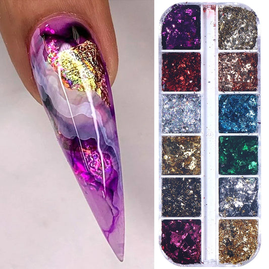 12 Grids Double Color Gold Foils Gorgeous Nail Glitter Sparkles Irregular Random Aluminum Flake Paillette Chip Design Decoration