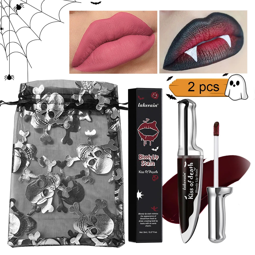 2Pcs Matte Bloody Lip Stain Long-Lasting Water-Resistant Liquid Lipstick Gothic Vampire Halloween Party Lip Tint Cosmetics