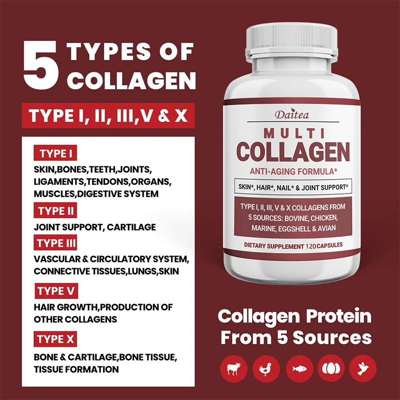 Multi-Collagen Peptides Powder with Collagen Types I, II, III, V and X, Hair, Nails and Joint Support, Anti-Aging
