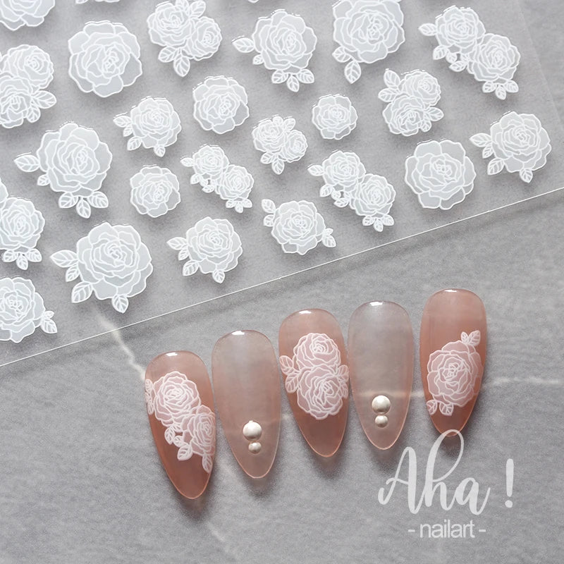 Rose Flower Nail Stickers White Black Silk Ribbon Nail Decal Slider for DIY Nail Decoration 3D Aha Series Manicure Accessories