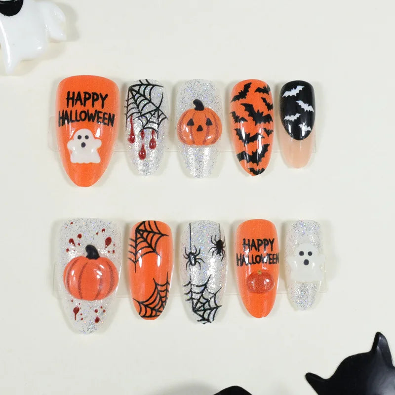 24Pcs 3D Pumpkin Ghost Press On Nails Halloween Almond False Nail Spider Web Bat Blood Design False Nail for Women&Girl
