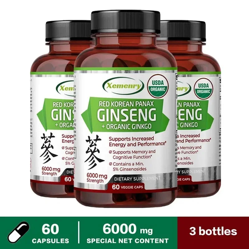 Korean Red Panax Ginseng + Ginkgo Biloba Capsules Increases Energy, Mood, Stamina & Performance, Supports Mental Health