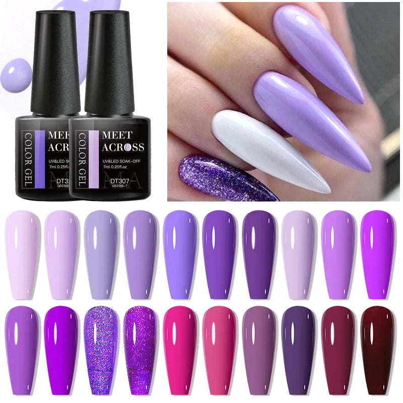 MEET ACROSS 7ml Purple Nail Gel Polish Semi Permanent Nail Art For Nails Decoration UV LED Painting Gel Varnish Nail Supplies