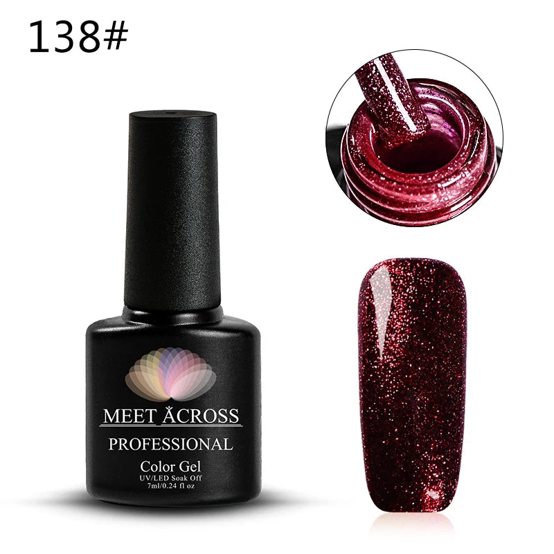 MEET ACROSS 7ml 140 Colors Glitter Gel Nail Polish Fluorescent Laser Semi Permanent Soak Off Nail Art UV Gel Varnish Manicure
