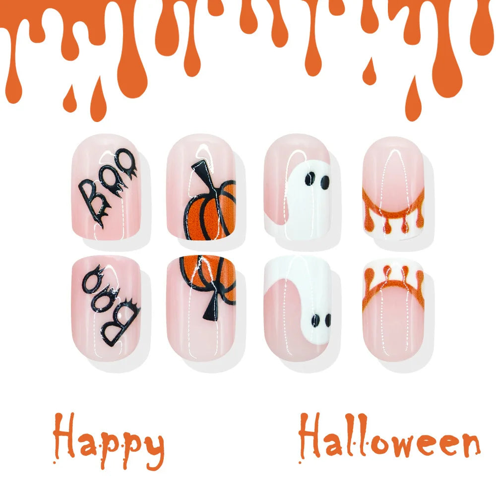Cute Halloween Nails 24pcs Press On Nails Ghost Pumpkin BOO Letter Design Short Square Fake Nails with 1 Jelly Glue 1 Nail File