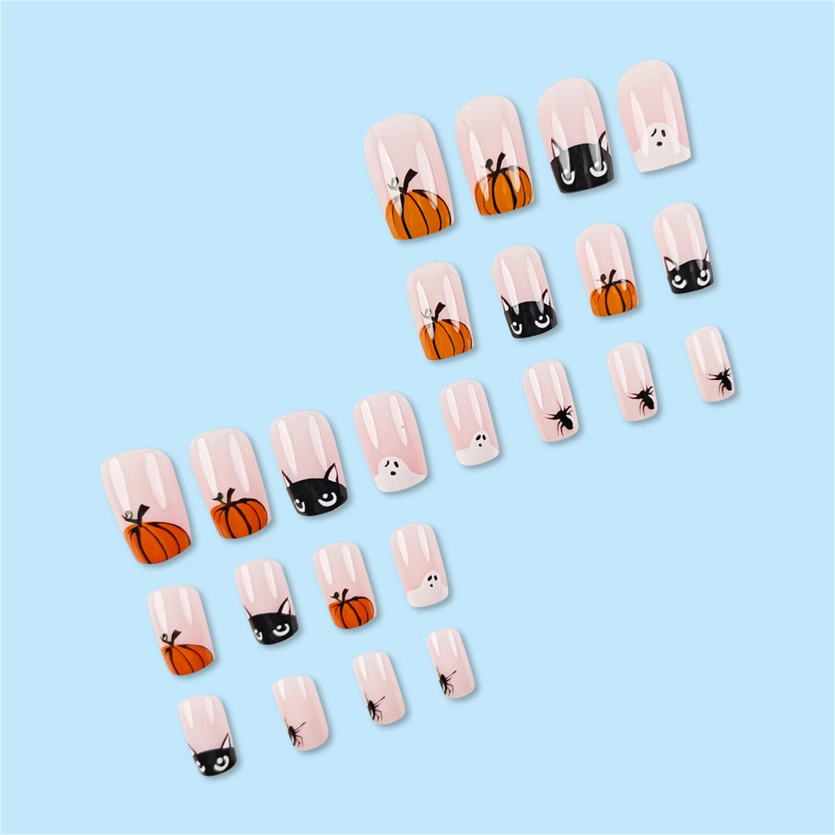 24pcs Halloween Cute Cartoon French Fake Nails Nude Pink Square Press On Nails With Pumpkin Ghost Designs Professional Nail Art