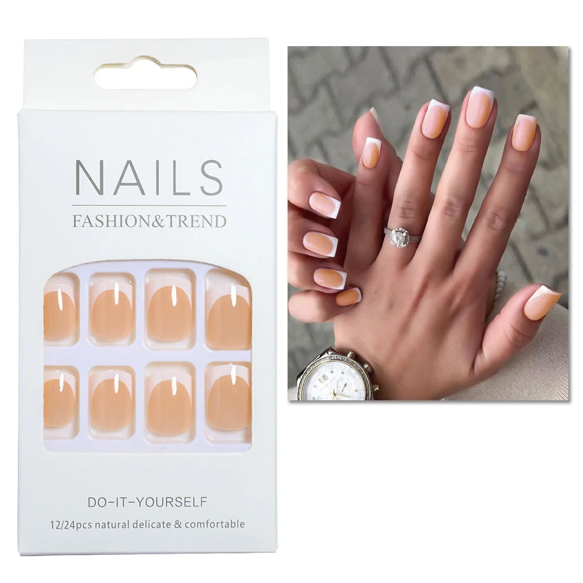 24pcs/set short square fake nails for women cute bride heart white french tips faux ongles y2k press on false nail supplies