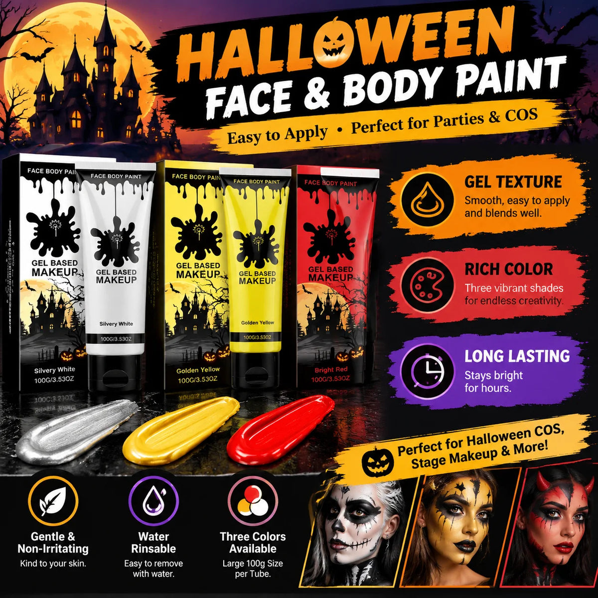 Halloween Body Paint Metallic Glitter Face Makeup Pearl Gold Red 3 Colors Costume Party Long Lasting Easy Remove Skin Safe 100g