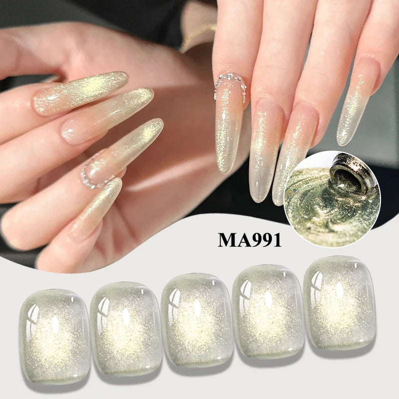 MEET ACROSS Guava & Grape Color Cat Magnetic Gel Green Glass Bead Cat Eye Gel Soak Off UV Gel Nail Art Varnish Salon Home DIY