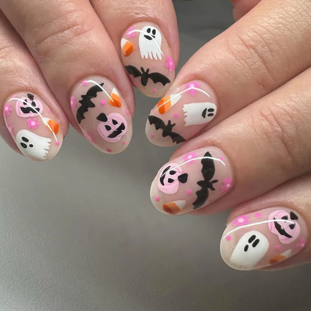 24pcs Halloween Press on Nails Sweet & Cool Jack-o'-Lantern Fake Nail Short Almond Cute & Cuddly Ghost False Nail for Women&Girl