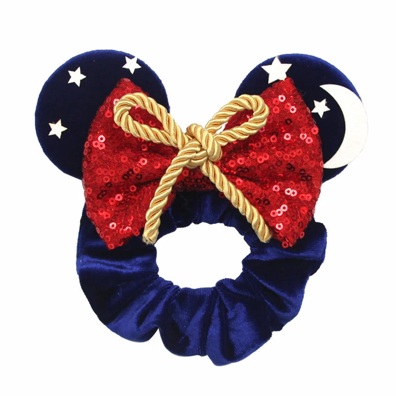Disney Mouse Ears Velvet Scrunchies Hairband Women Elastic Ponytail Holder Girls Sequin Bow 2023 Kids Party DIY Hair Accessories