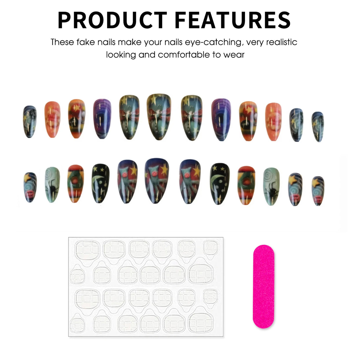 24pcs Press on Nails Resin False Nail Tips Pre-Painted for Halloween Party Gothic Cosplay Accessories