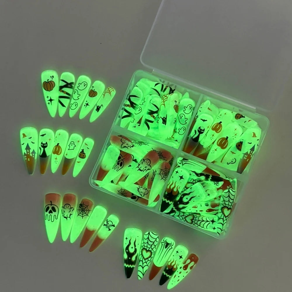 96Pcs Luminous Halloween Press On Nails Stiletto Ghost Skull Spider False Nail Acrylic Nail Art Cosplay Costume Party Night Club