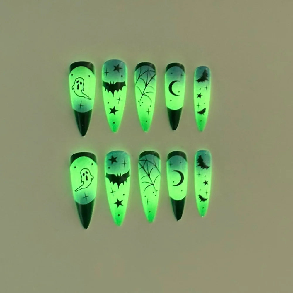 96Pcs Luminous Halloween Press On Nails Stiletto Ghost Skull Spider False Nail Acrylic Nail Art Cosplay Costume Party Night Club