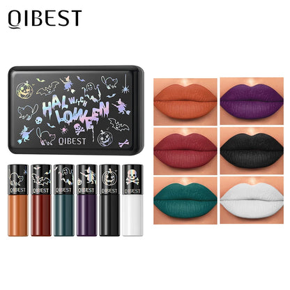 QIBEST 6Pcs/Set Waterproof Liquid Lipstick Sexy Halloween Lip Stick Matte Velvet Black Lipsticks Red Orange Lip Makeup Labiales