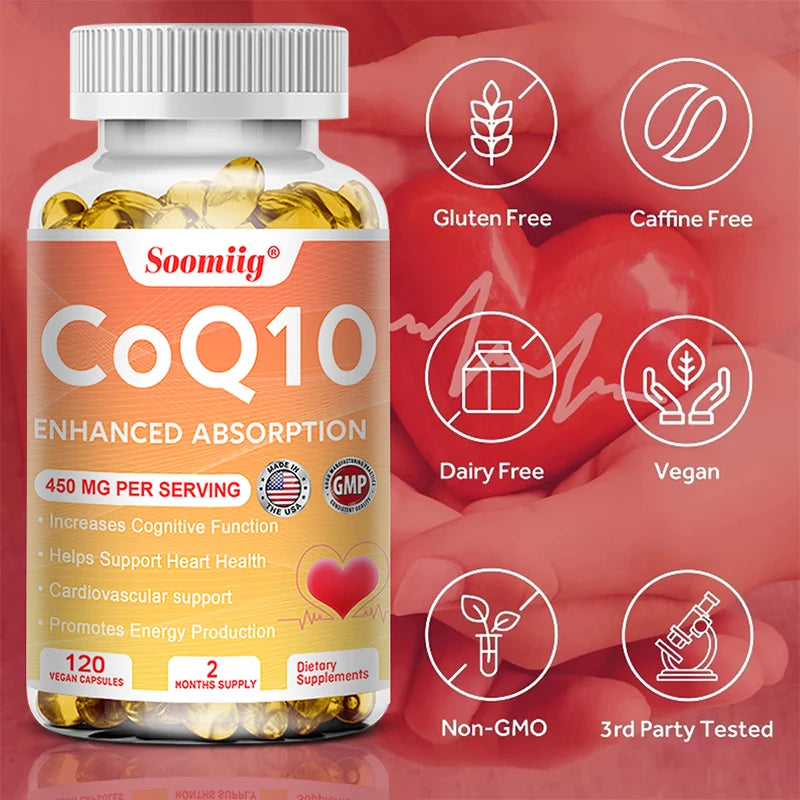 120pcs Q10 Coenzyme 450mg Capsules Cardiovascular and Heart Health Energy Vitamins Beauty and Health, Promote Blood Circulation