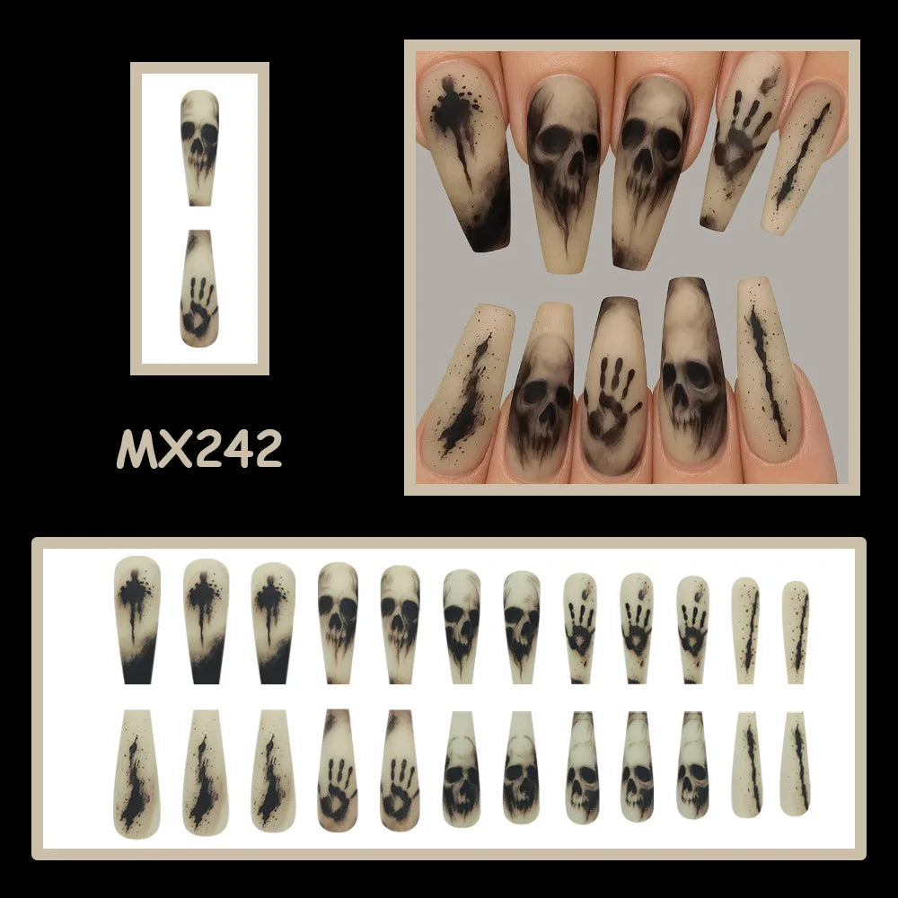 24PCs Halloween Nail Art Horror Black Skeleton Long Ballet Coffin Fake Nails Matte Press-on Nails with 1 Jelly Glue 1 Nail File