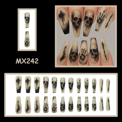 24PCs Halloween Nail Art Horror Black Skeleton Long Ballet Coffin Fake Nails Matte Press-on Nails with 1 Jelly Glue 1 Nail File